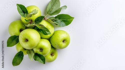 Wallpaper Mural Fresh green apples with leaves on white background. Torontodigital.ca