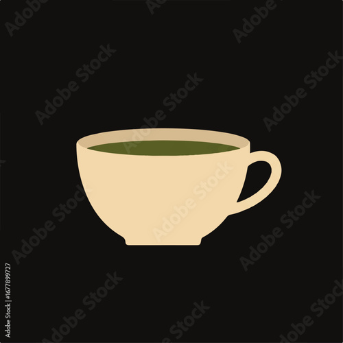 Creamy white teacup filled with vibrant green matcha tea, simple illustration