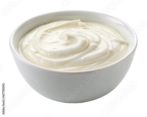 white cream or yogurt in white bowl isolated, Cutout