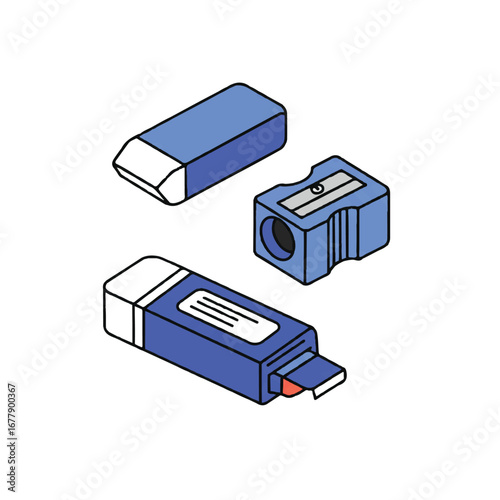 Isometric Illustration of Blue Pencil Sharpener and Erasers