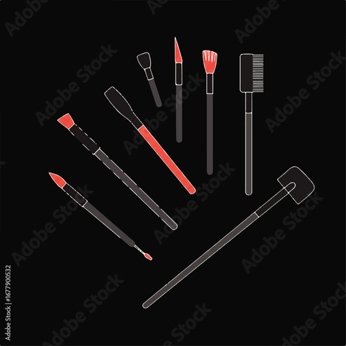 Minimalist makeup brushes and a shovel illustration with red and gray accents
