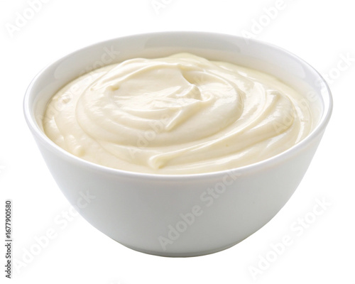 white cream or yogurt in white bowl isolated, Cutout