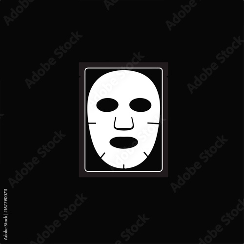 Packaged white sheet mask with facial features cutouts for skincare