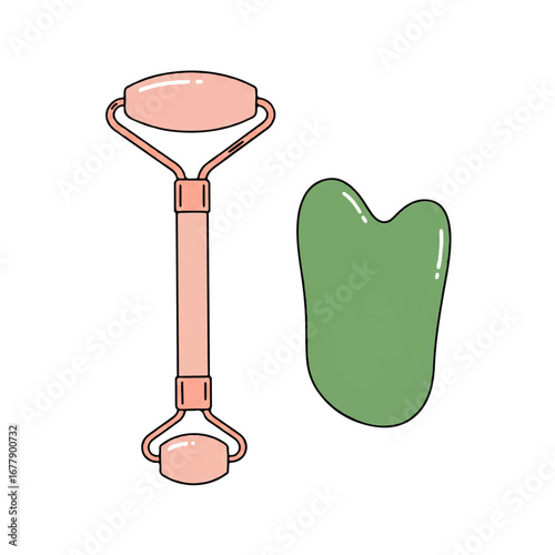 Pink facial roller and green gua sha stone for skincare routine