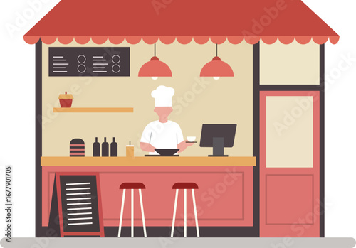 A flat vector illustration of a chef cooking at the counter of a cozy street food stall or small local restaurant