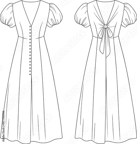 Vintage-inspired maxi dress technical sketch with puff sleeves, front button closure, back tie bow detail, flared hem, flat vector illustration