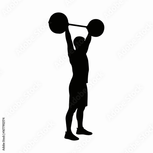 Black silhouette of a male weightlifter lifting a barbell.