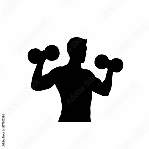 Black silhouette of a muscular man working out with dumbbells.