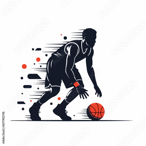 Dynamic vector illustration of a basketball player dribbling fast.