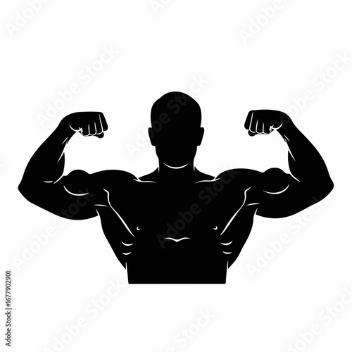 Silhouette of a muscular bodybuilder flexing biceps.