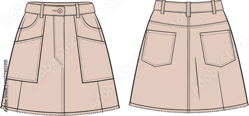 Women’s A-line mini skirt flat sketch with front patch pockets, back pockets, raw hem, and pleat detail — cad drawing flat vector illustration