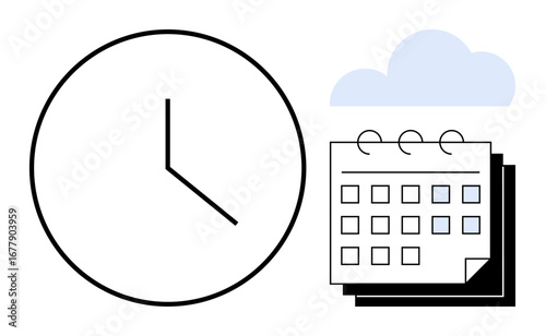 Large clock beside a calendar and a cloud in minimalist style. Ideal for time, planning, productivity, scheduling, deadlines, organization, and simplicity. Clean simple flat metaphor