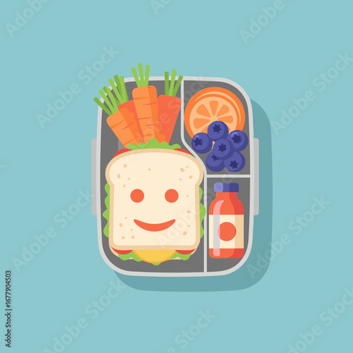 A well-balanced meal prep container with a happy sandwich, fresh carrots, blueberries, and an orange slice. An ideal, nutritious lunch for school or work.