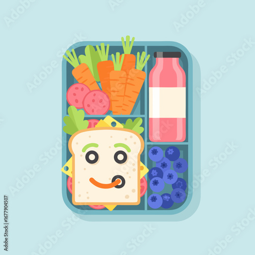 A nutritious and fun school bento box featuring a silly-faced sandwich, salami, carrots, and blueberries. Perfect for making healthy eating enjoyable for children.