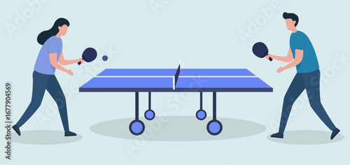 A man and a woman play table tennis in this flat vector illustration, depicting a friendly sports match and recreational activity