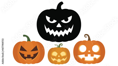 Halloween pumpkins with scary faces and jack o lantern illustration on white background