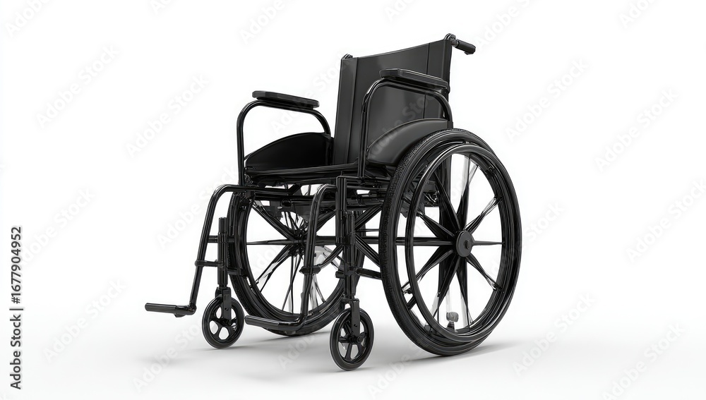 Fototapeta premium Black manual wheelchair for mobility assistance isolated on a white background.