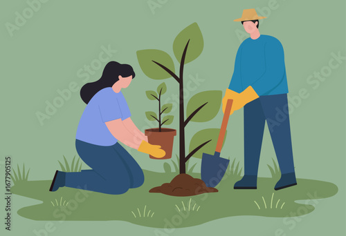 A couple works together to plant a tree. This flat vector illustration symbolizes teamwork, environmental care, new growth, and nurturing nature