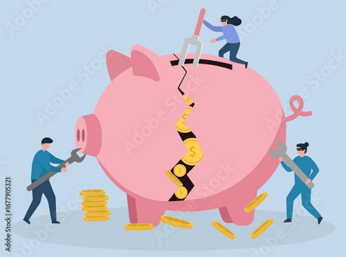 Thieves crack open a piggy bank, symbolizing financial crisis, theft, economic risk, and the vulnerability of savings