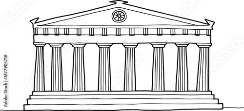 Hand-drawn Greek temple illustration with pillars, classical architectural sketch, historic monument outline, black and white educational drawing design.