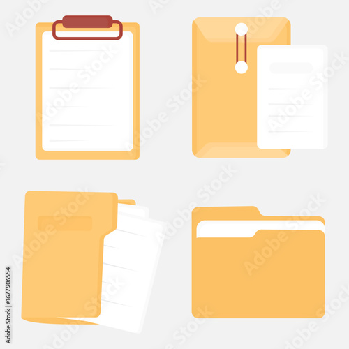 Illustration of Document Icons with Clipboard File Folder Envelope and Archive Suitable for Office Administration Presentation Business Template Education Organization and Data Management Design
