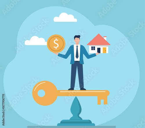 A businessman balances a coin and a house on a giant key, symbolizing the key to balancing finances with real estate investment and home ownership