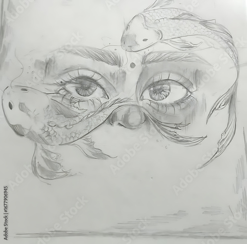 face of a woman in the view of artist drawing