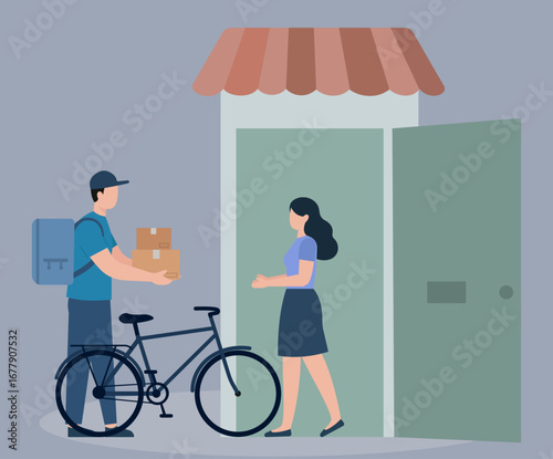 A bicycle courier delivers packages to a woman at her doorstep, representing e-commerce, shipping, and local delivery services