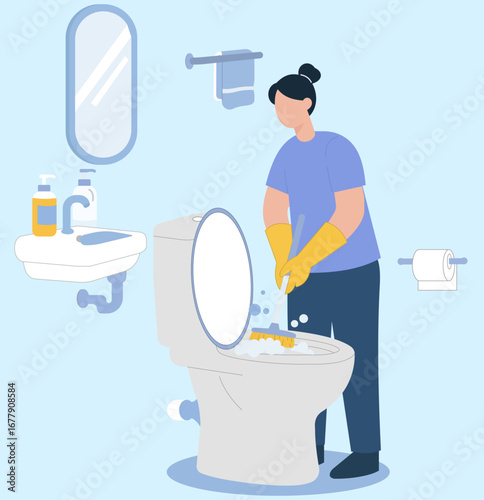 A flat vector illustration of a woman cleaning a toilet with a brush, representing household chores, hygiene, and bathroom sanitation
