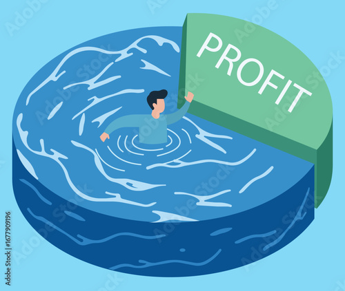 A man drowning in a pie chart of losses desperately clings to the 'Profit' slice, illustrating a struggle for financial survival