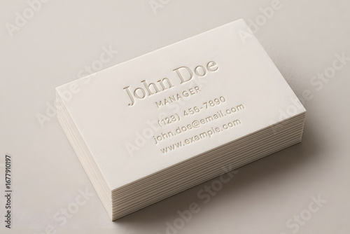 A thick stack of elegant, minimalist white business cards with embossed or letterpress contact information.