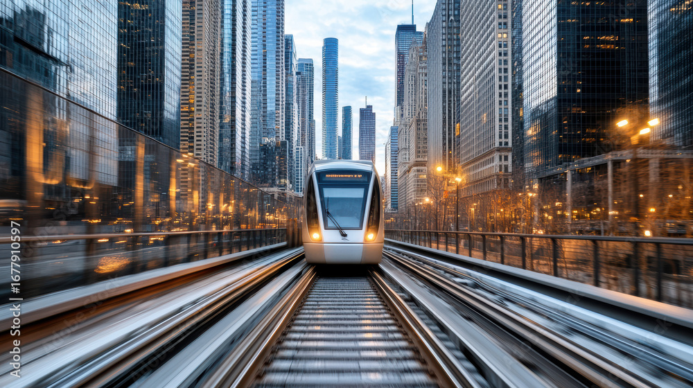 Obraz premium Modern train gliding through financial district, surrounded by skyscrapers and city lights