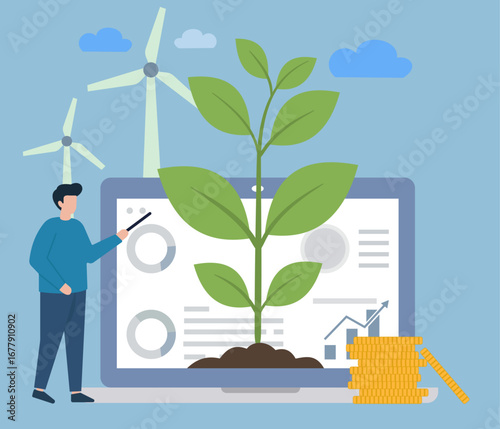 A man presents data on sustainable finance and green investments. The illustration shows profitable growth from renewable energy and ESG principles