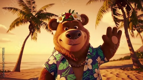 Animated bear character wearing a Hawaiian shirt and flower lei dancing on tropical beach at sunset