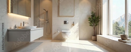 Modern minimalist bathroom with clean lines and luxurious fixtures, featuring a stylish toilet and sleek design elements , wellness, cleanliness