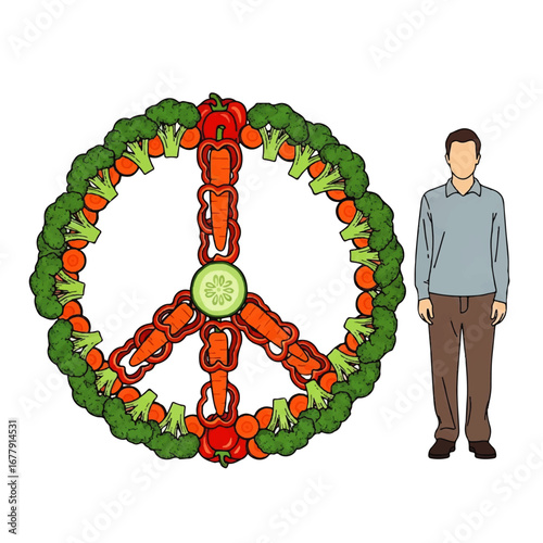 Peace symbol composed of various vegetables and fruits, with a person standing next to it for scale.