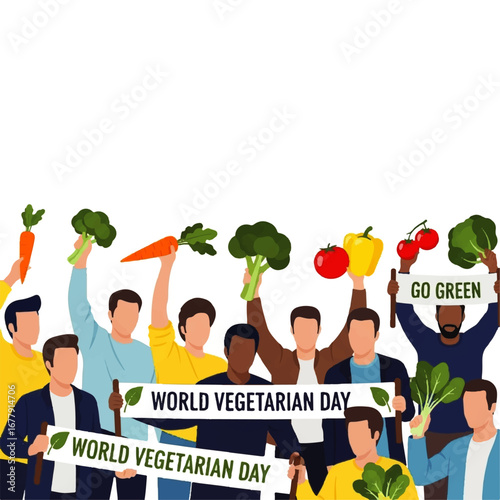 Diverse group of people celebrating World Vegetarian Day, holding signs and vegetables.