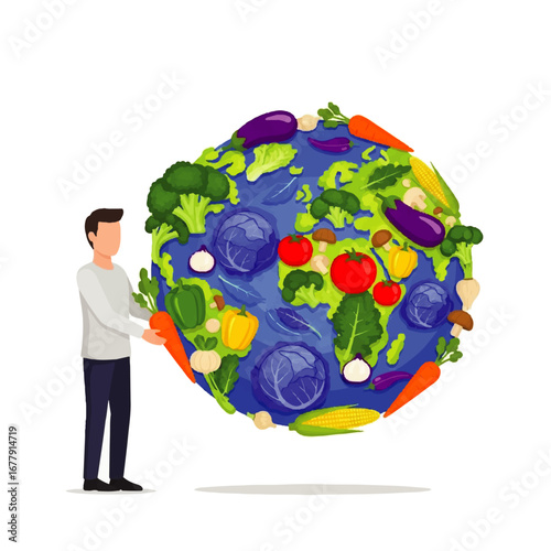 Man holding a vegetable-covered Earth globe.