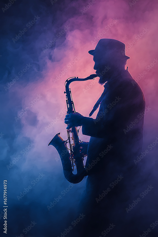 Obraz premium Silhouette of a saxophonist playing passionately in colorful smoke during a nighttime performance