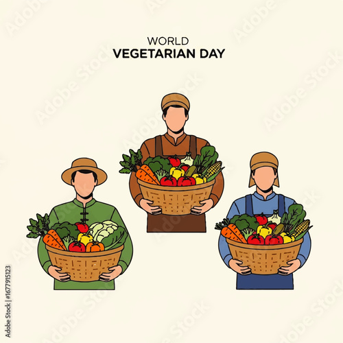 Illustration of three farmers holding baskets filled with fresh, colorful vegetables, celebrating World Vegetarian Day.