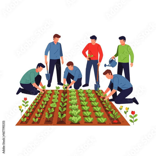 Group of men gardening together in a vegetable garden illustration.