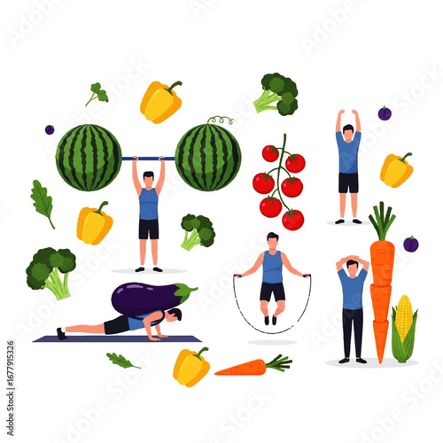 People engaging in various healthy lifestyle activities with oversized fruits and vegetables.