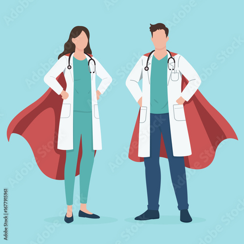 A male and female doctor stand confidently as superheroes with red capes, symbolizing the heroic dedication and strength of healthcare professionals