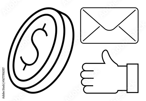 Coin with a dollar mark, a closed envelope, and a thumbs up gesture symbolizing finance, communication, and approval. Ideal for banking, payments, transactions, email marketing business