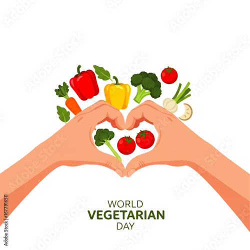 Hands forming a heart shape with various vegetables, celebrating World Vegetarian Day.