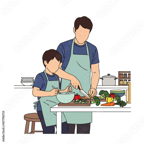 Father and son cooking together in the kitchen, preparing vegetables.