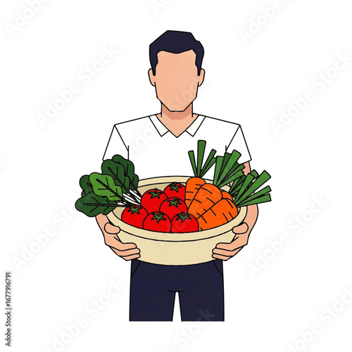 Man holding a basket of fresh vegetables.