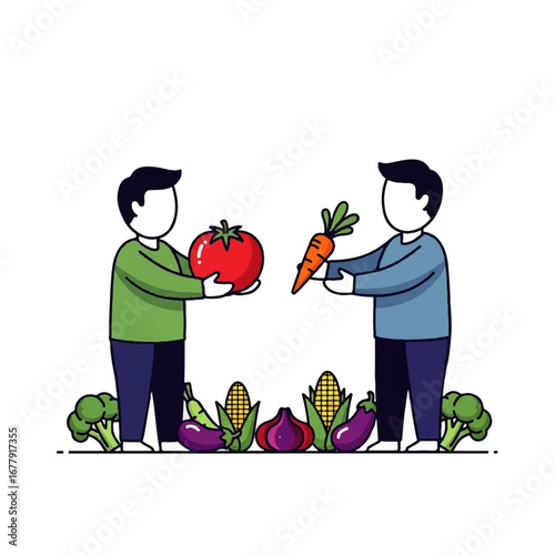 Two people exchanging fresh vegetables, representing healthy eating and community.