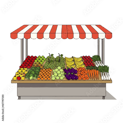 A vibrant illustration of a traditional outdoor fruit and vegetable market stall with a red and white striped awning, showcasing a wide variety of fresh produce.