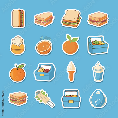  A sticker collection of popular cafe and takeaway food, including various sandwiches, fresh oranges, milkshakes, and ice cream cones. Perfect for menu designs.